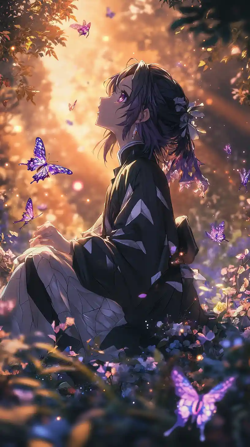 Ragazza anime in un giardino luminoso che osserva il cielo splendente