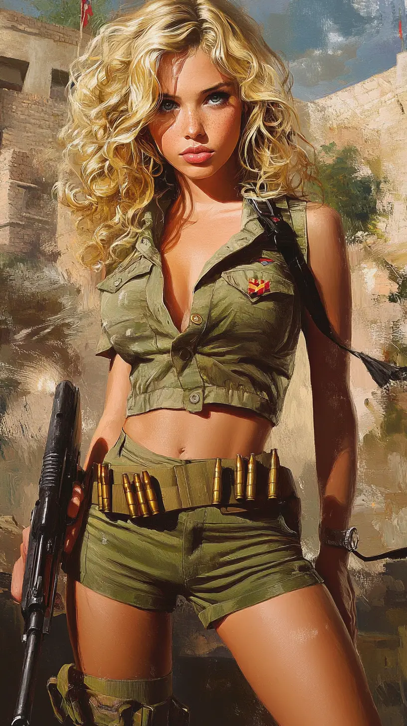 Soldatessa bionda birichina che posa con un fucile in caserma