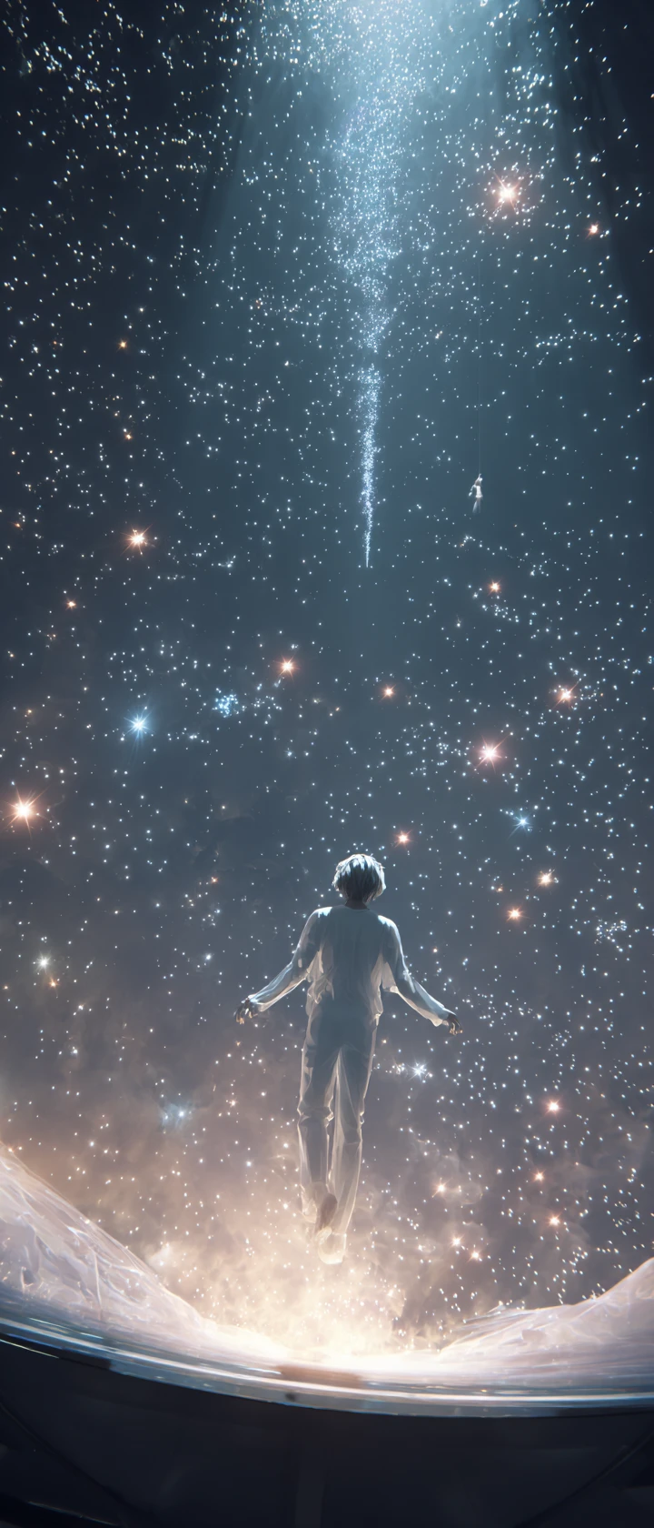 Jovem flutuando em uma cúpula de planetário iluminada por estrelas