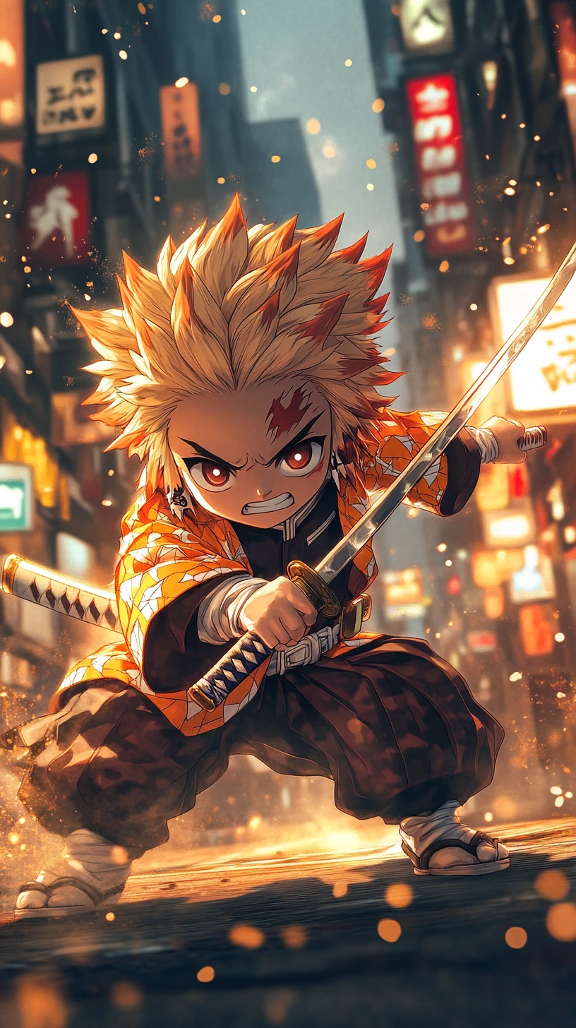 Chibi swordsman poised to strike on a city street