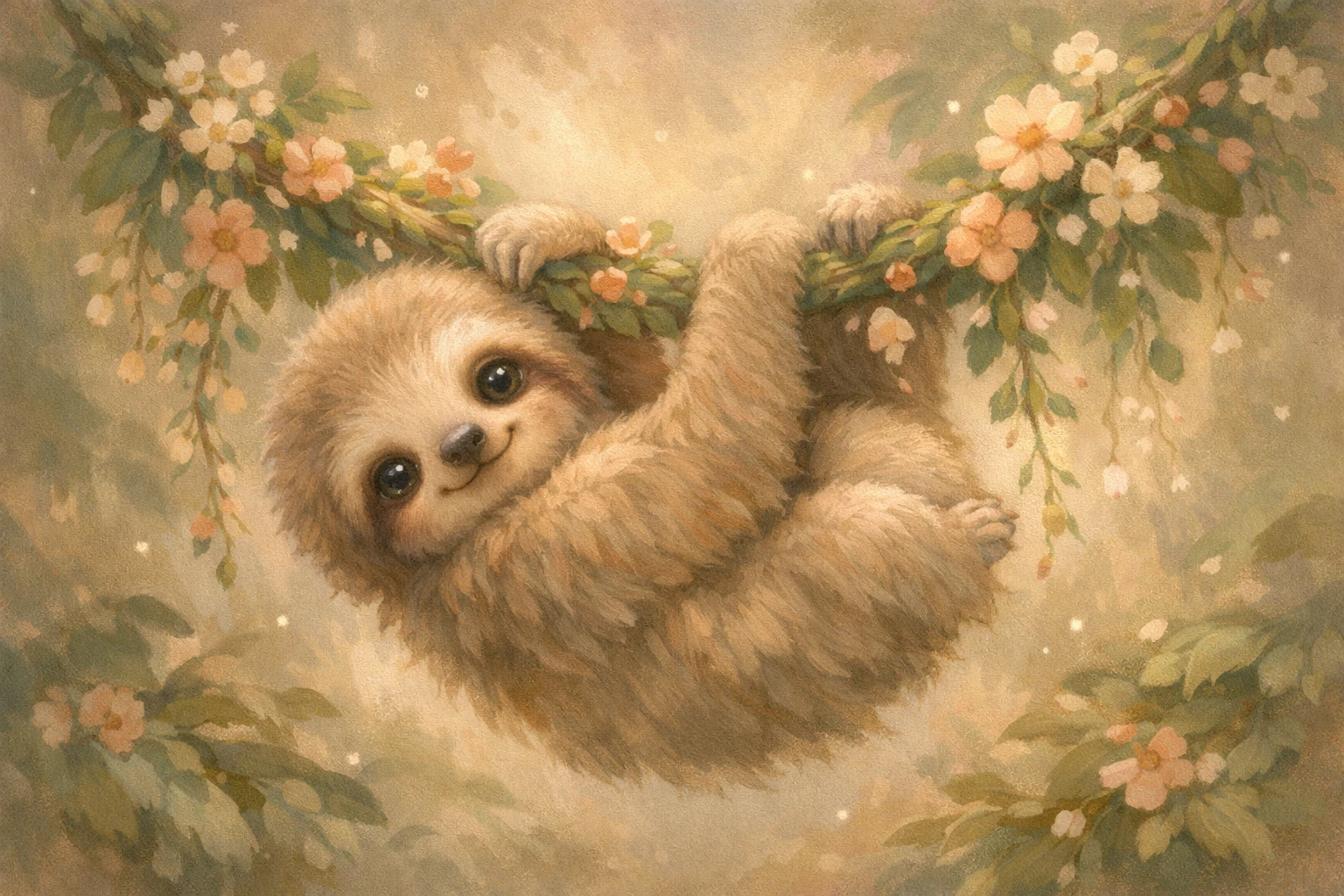 Bébé paresseux accroché à une liane de jungle fleurie en gouache douce