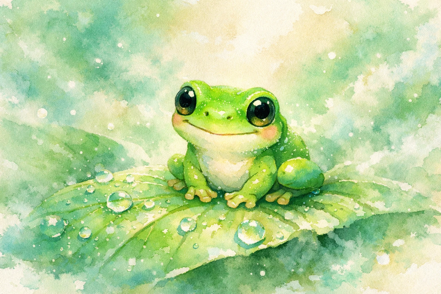 Minúsculo filhote de rã‑árvore em folha com orvalho – ilustração em aquarela