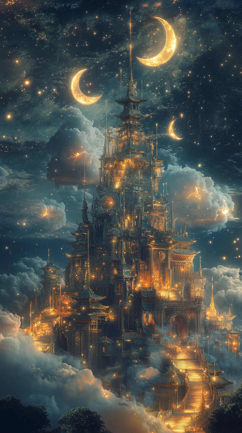Himmlische Fantasy-Architektur aus leuchtenden Wolken und Monden