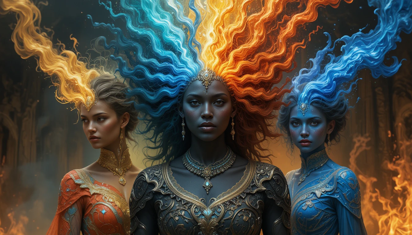 Powerful elemental women embodying fire earth air and water
