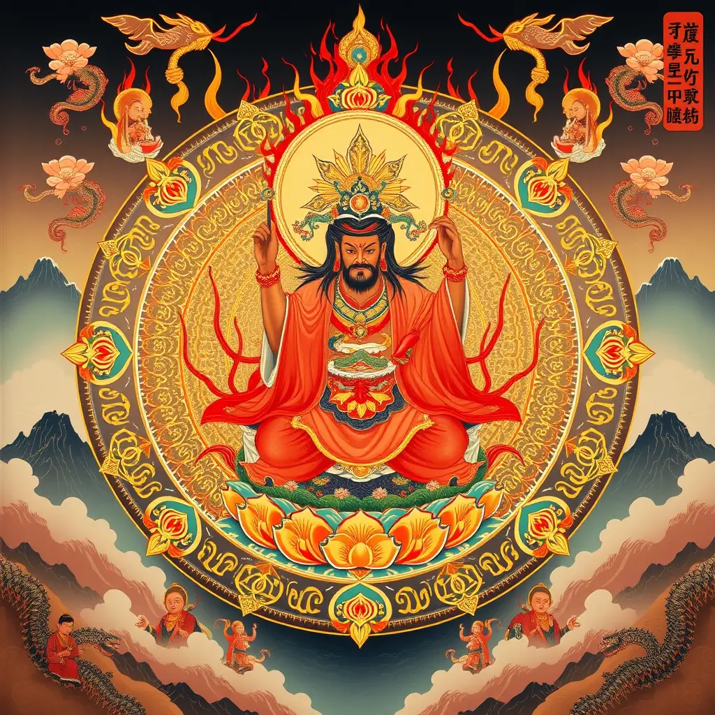 불꽃 광배와 연꽃을 두른 밀교 불교 신의 만다라