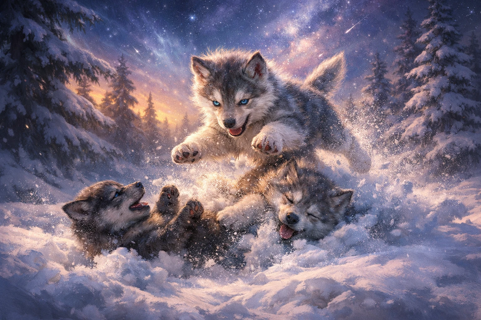 Filhote de lobo brincalhão saltando em uma floresta nevada ao crepúsculo