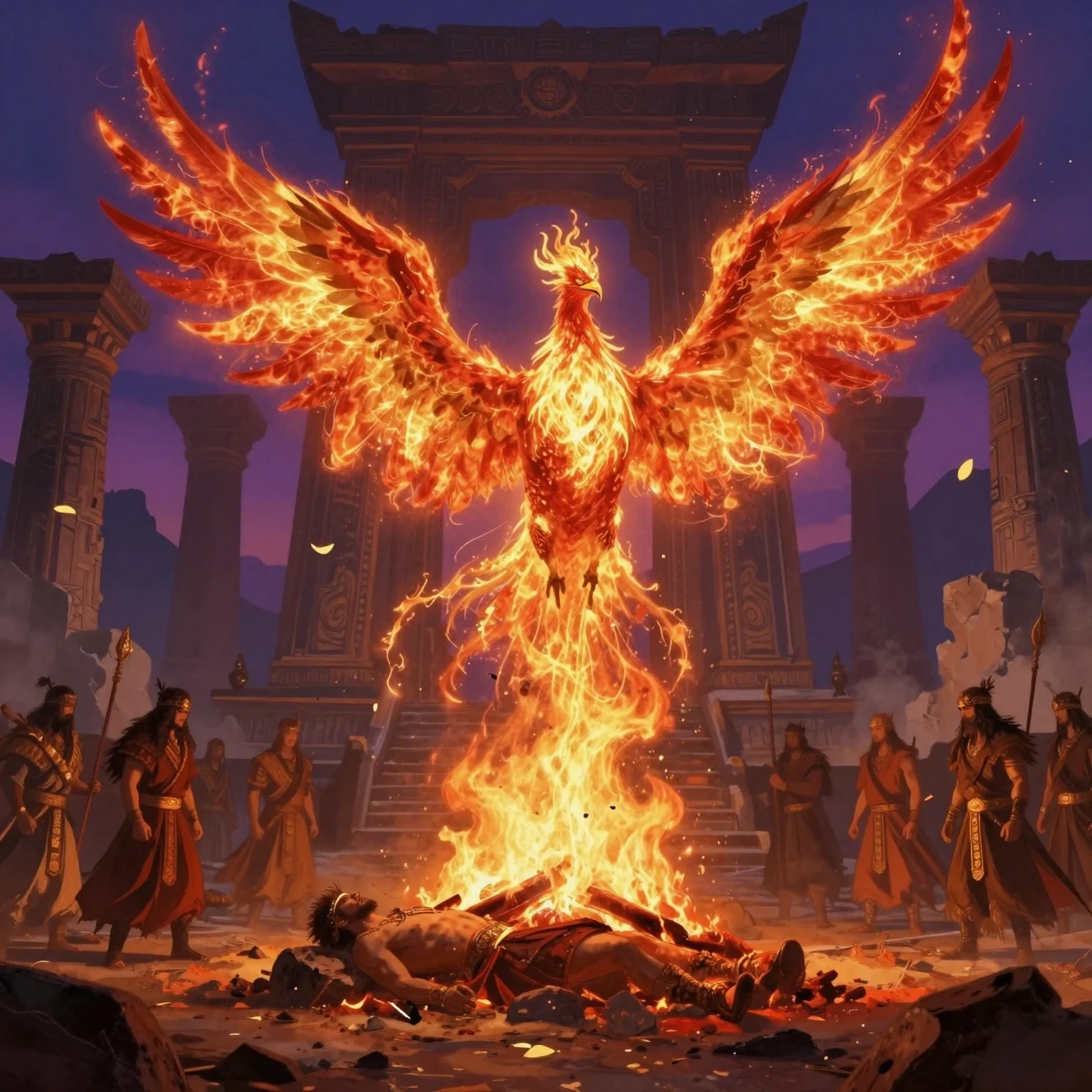 Phoenix rising from a warriors funeral pyre at twilight