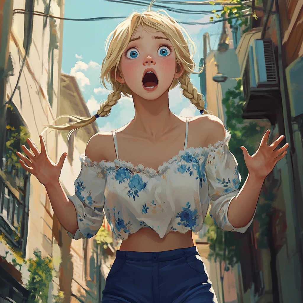Shocked blonde girl on city street with a fly on hand
