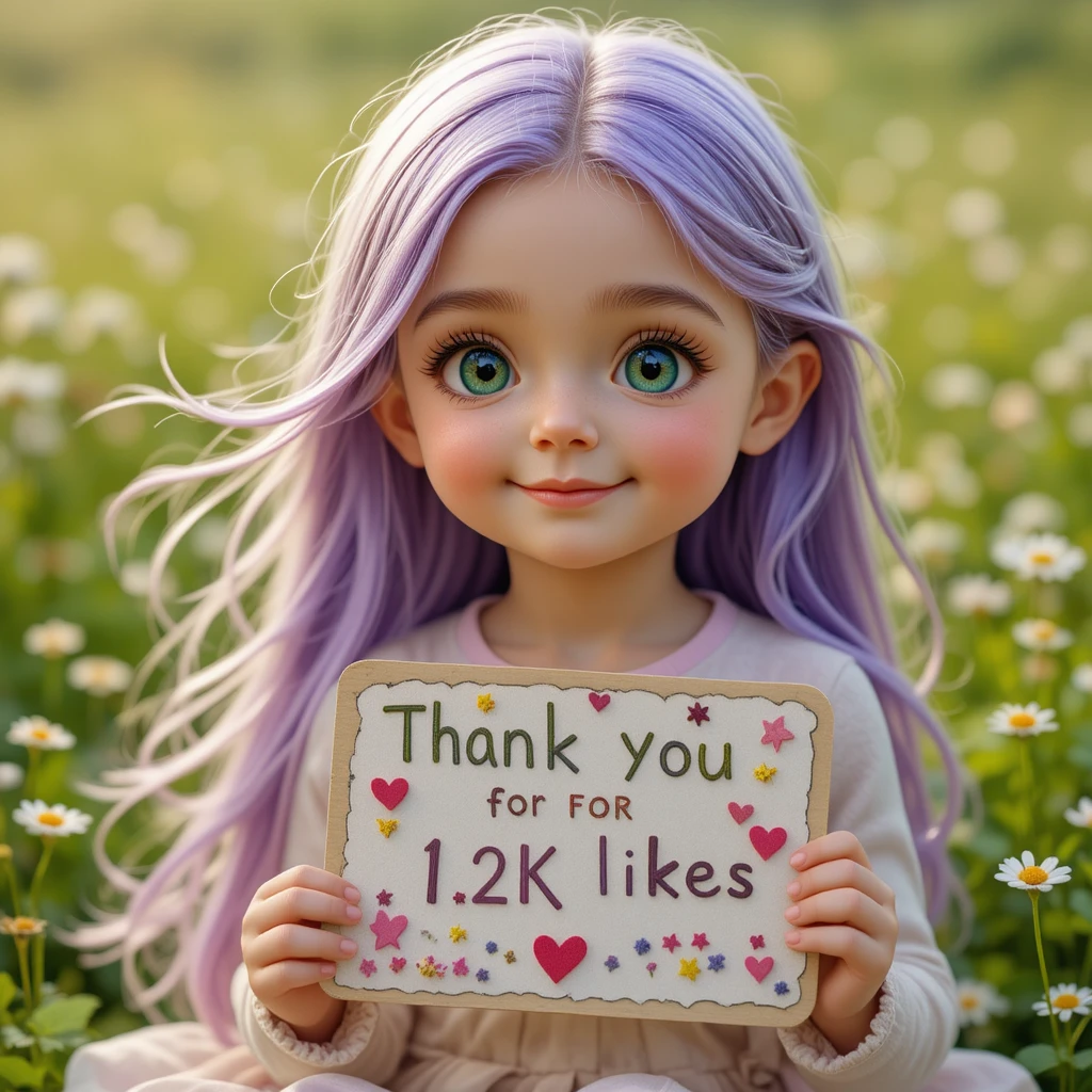 Felt girl with thank you sign in a flower meadow