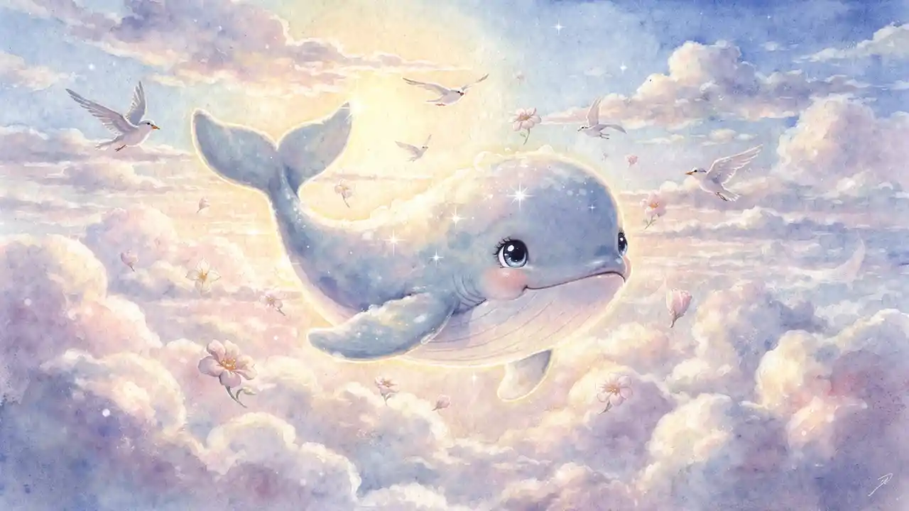 Baleine du ciel aquarelle et onirique flottant dans un paradis pastel