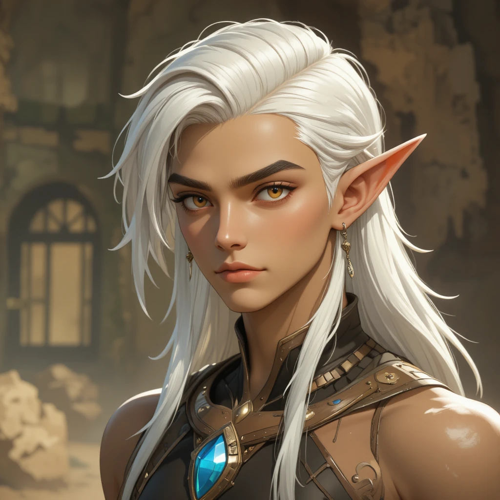 White haired anime boy with elf ears and forehead gem