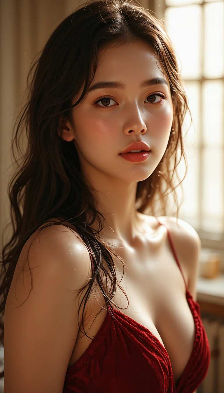 Close up portrait of a playful woman with wet hair