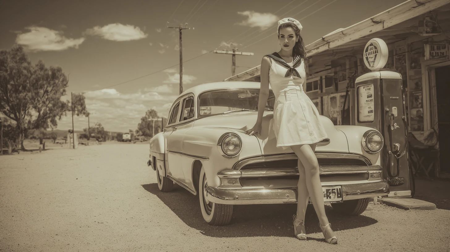 Young woman in sailor outfit by classic 50s car