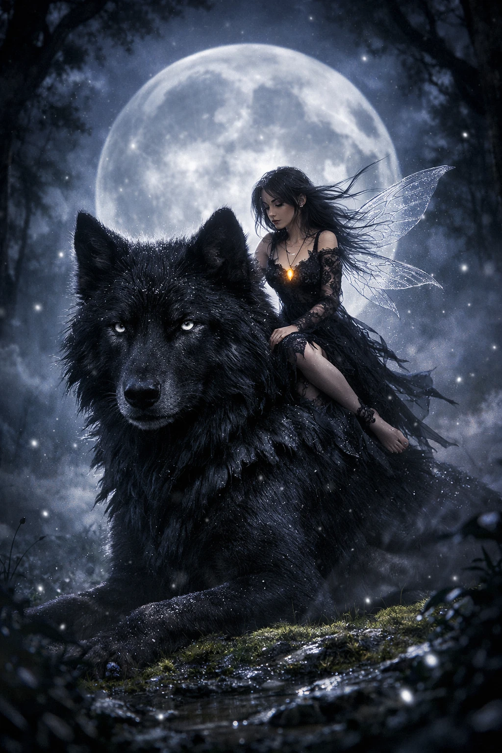 Lobo e fada sob uma lua cheia luminosa na floresta
