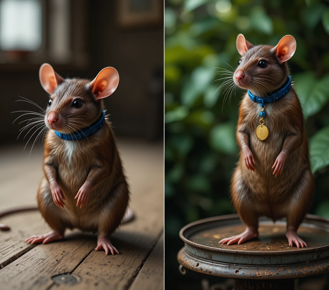 Portrait d’un rat brun calme avec collier bleu sur bois