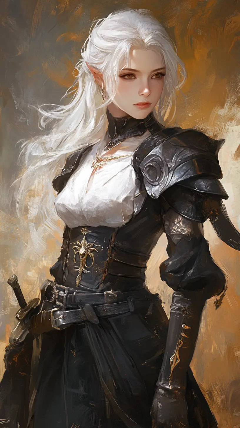 White haired anime woman with black wings in gold goth scene