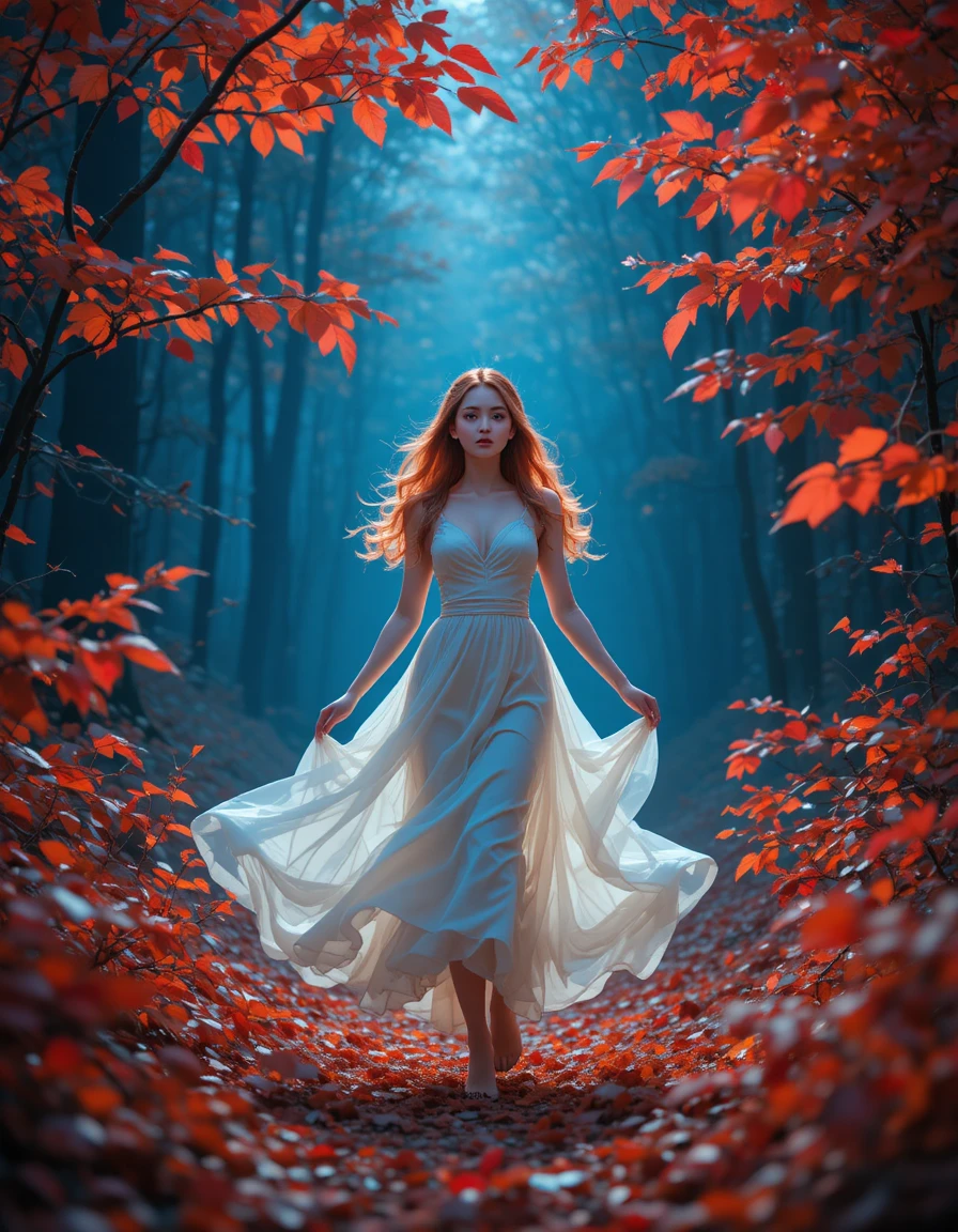 Fille debout dans une forêt d’automne brumeuse baignée d’une lumière douce