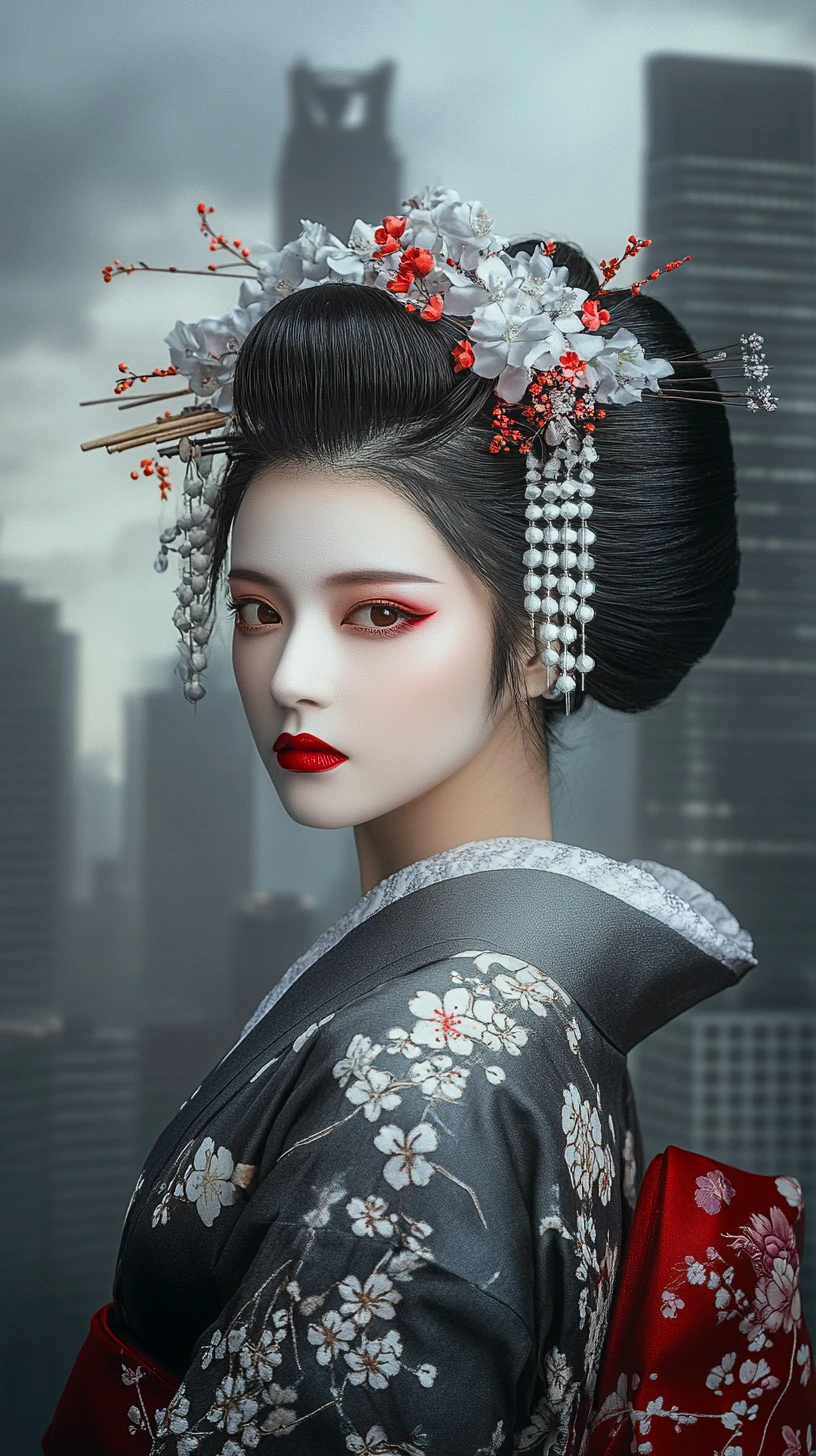 Geisha-Porträt mit rotem Obi vor stimmungsvoller Stadtsilhouette