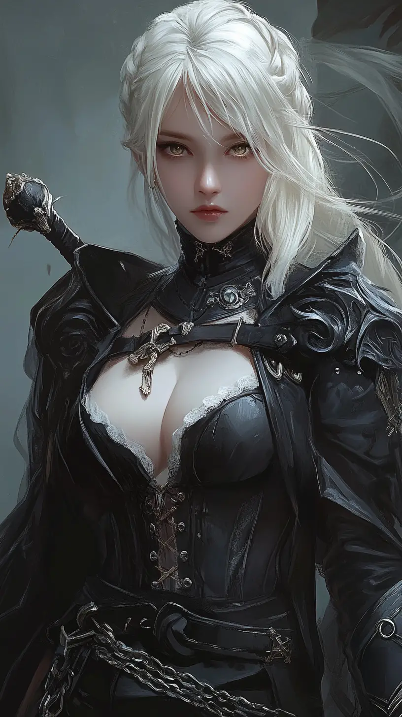 White haired anime woman with black wings in gold gothic