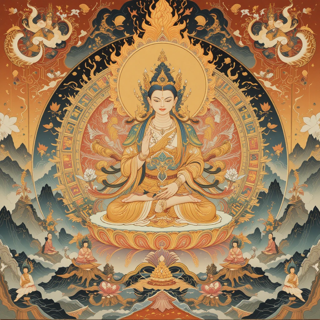 Divinità buddista esoterica in un mandala dorato in stile Yamato-e