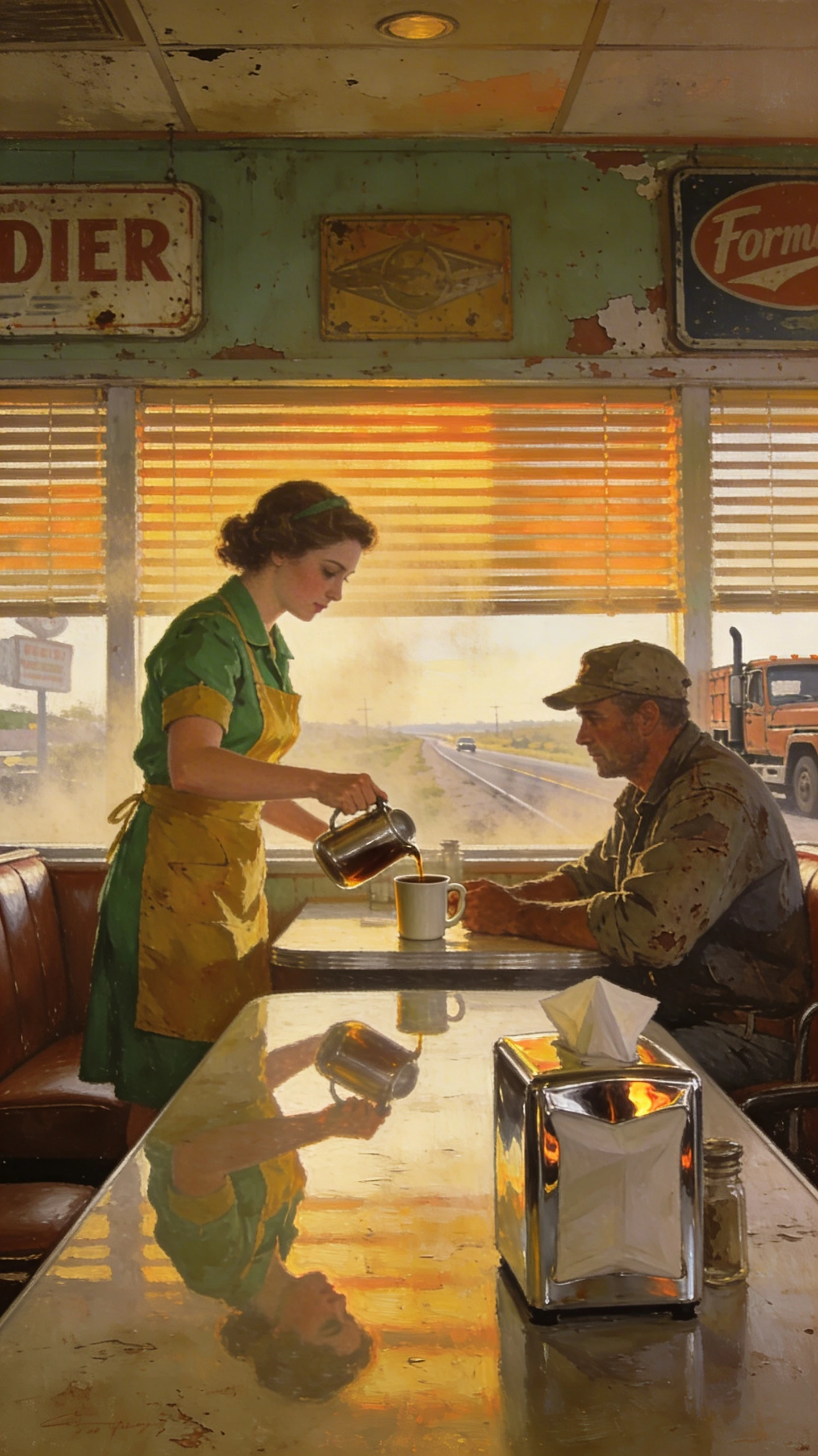 Kellnerin schenkt Kaffee nach in einem ruhigen Straßen-Diner aus den 1950ern