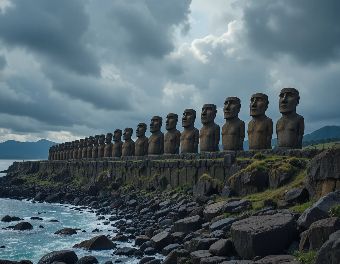 Antigas estátuas moai observando uma costa rochosa e tempestuosa do Pacífico