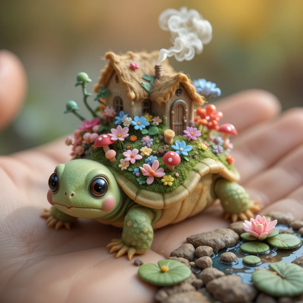 Kleine Filzschildkröte trägt eine magische Gartenwelt