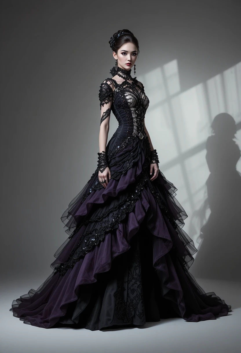 Modelo gótica com vestido escultural preto e roxo