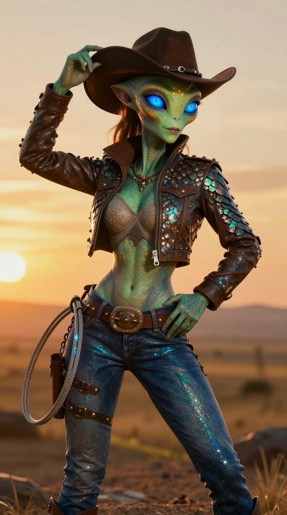 Alien cowgirl posing in a glowing sunset frontier