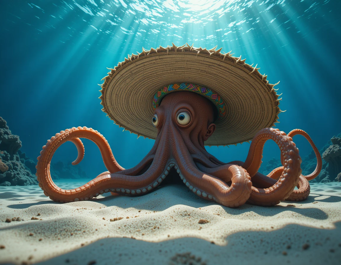 Brown octopus in sombrero on sandy ocean floor