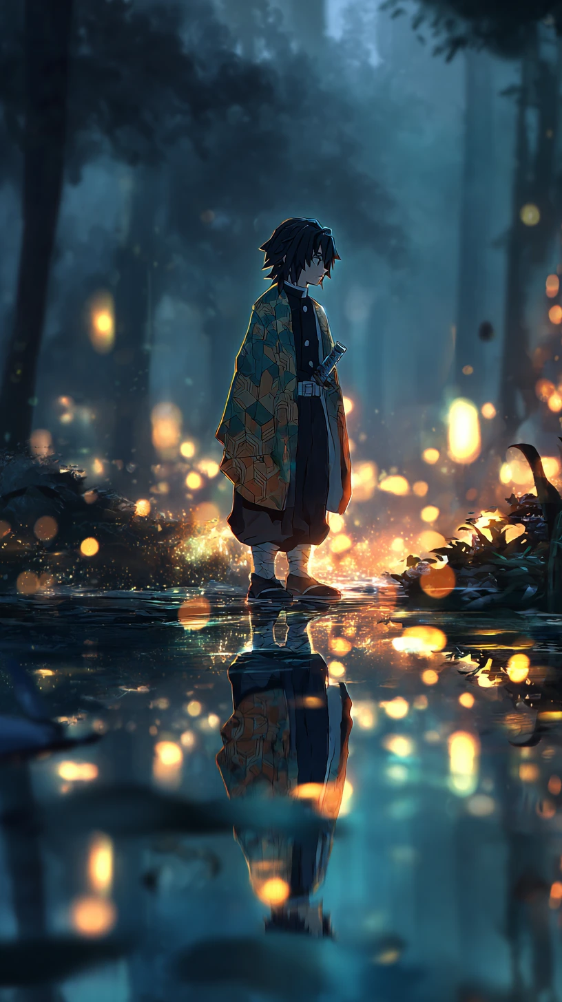 Garçon d’anime en haori reflété sur l’eau d’une forêt au clair de lune