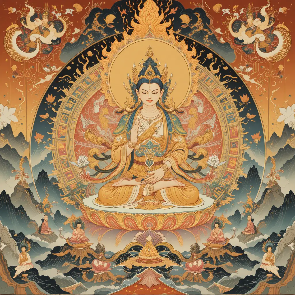 Esoterische buddhistische Gottheit in einem goldenen Yamato-e-Mandala