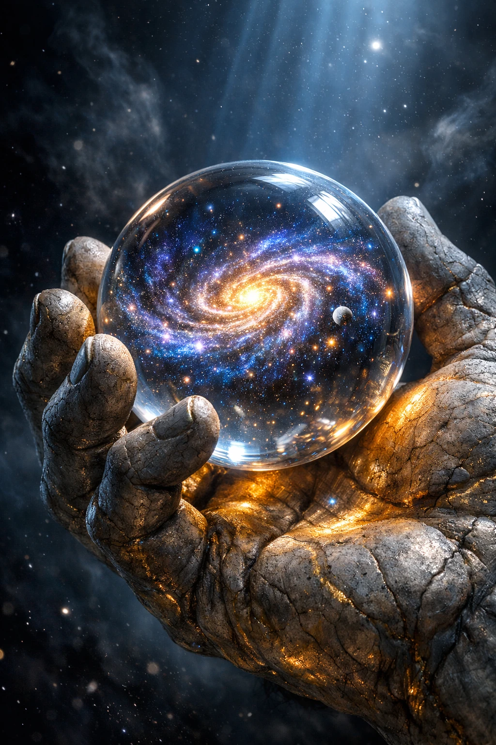 Göttliche Steinhände halten eine leuchtende Galaxie-Glaskugel