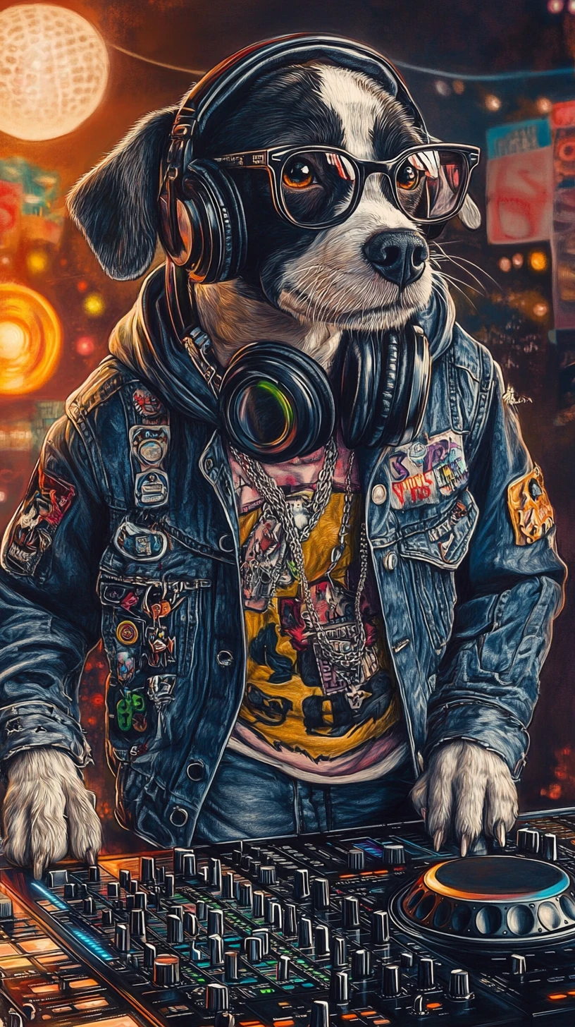 Chien DJ stylé avec casque audio dans une scène de nightclub vibrante