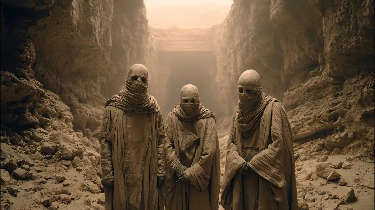 Three cave guardians in robes before an ancient ritual cube