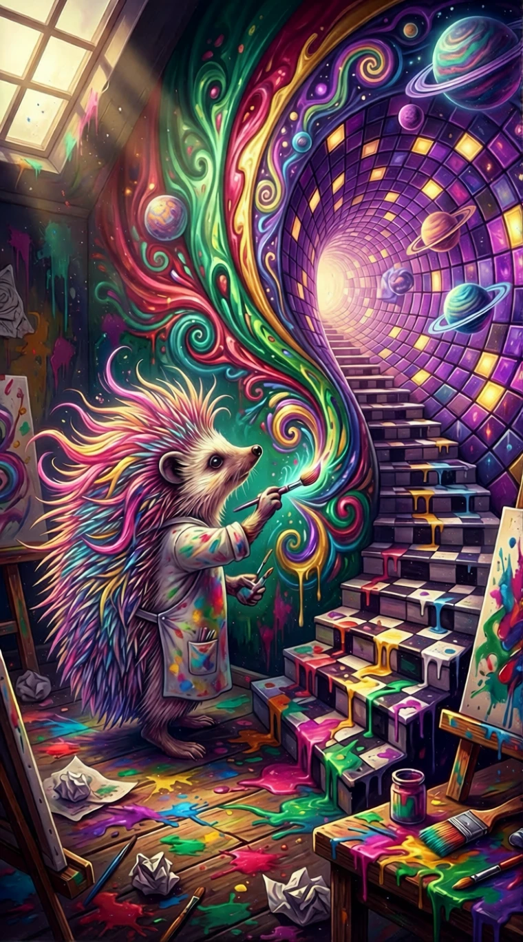 Ouriço psicodélico pintando um mural cósmico selvagem