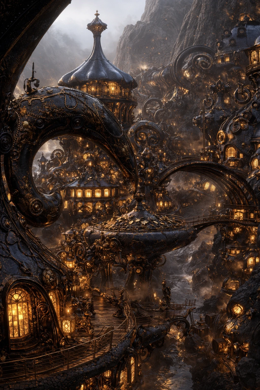 Fantastisches Steampunk-Dorf aus lebendigem schwarzem Metall