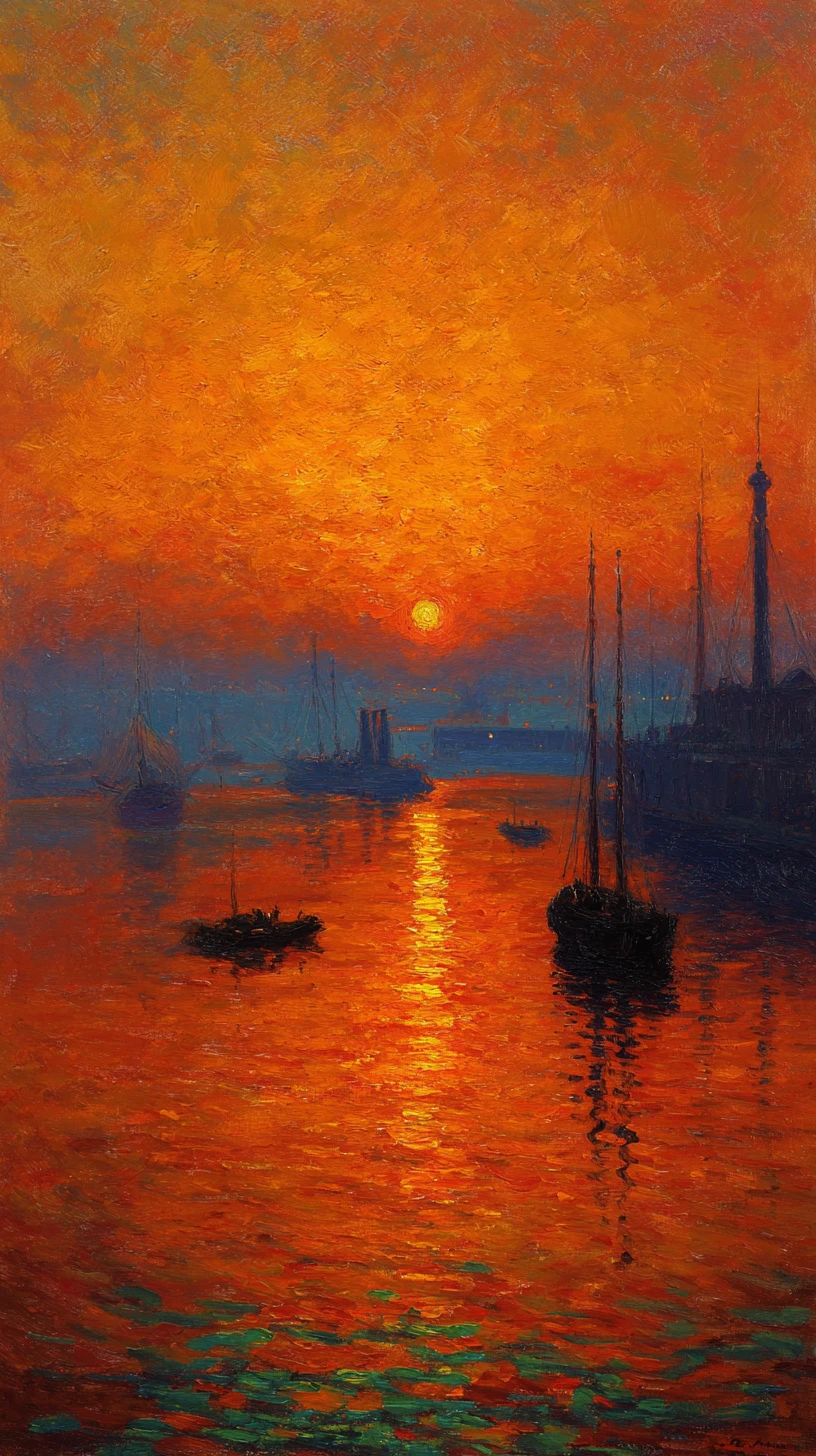 Nascer do sol impressionista sobre um porto tranquilo com barcos em silhueta