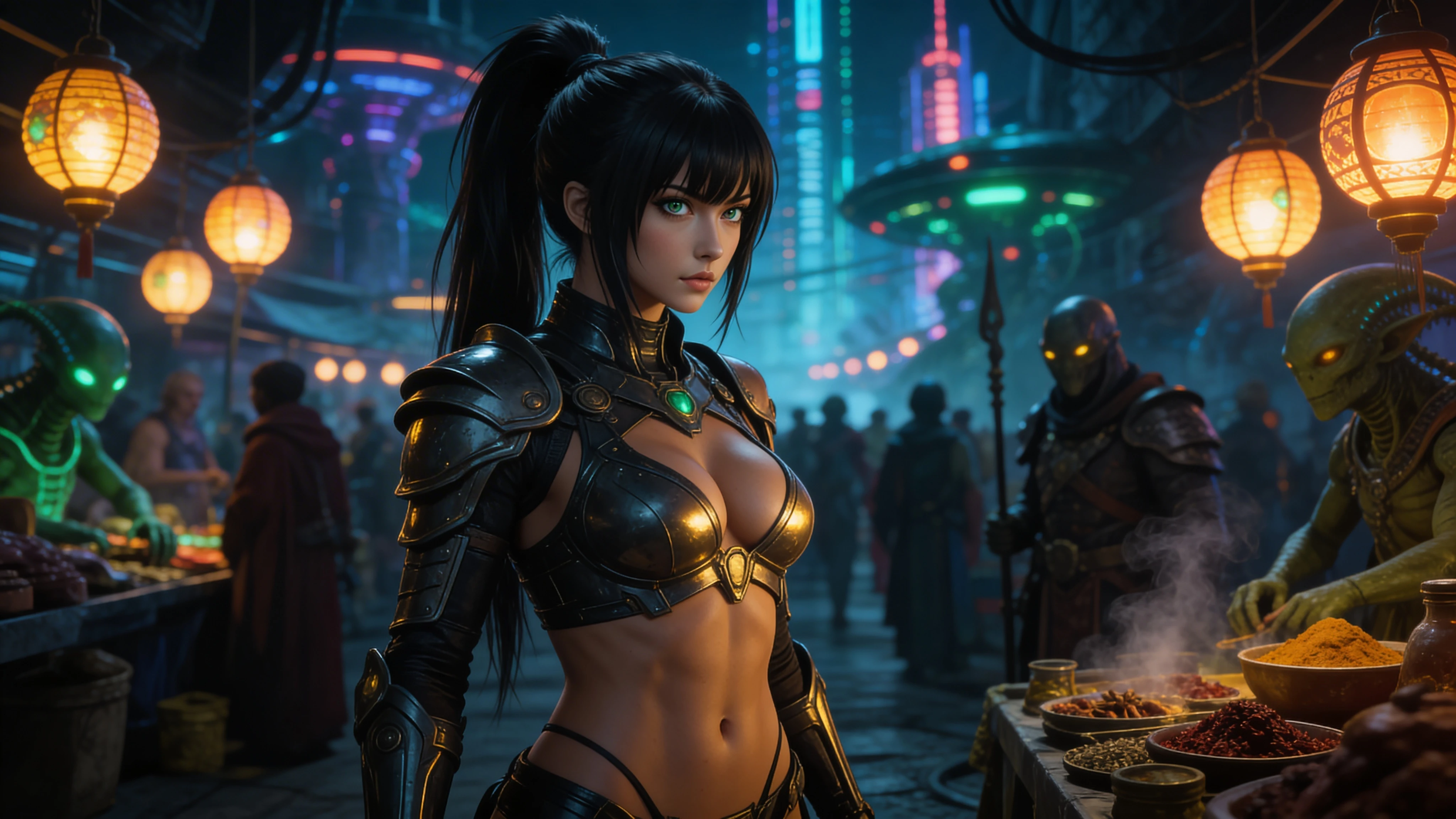 Armored female space warrior walking through alien marketplace