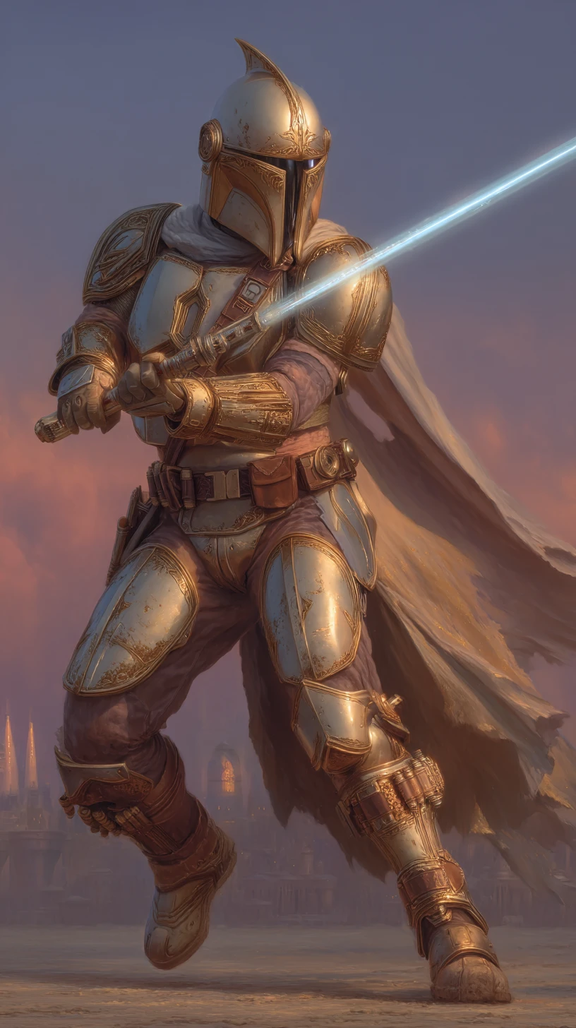 Futuristic knight woman wielding a glowing lightsaber at dusk