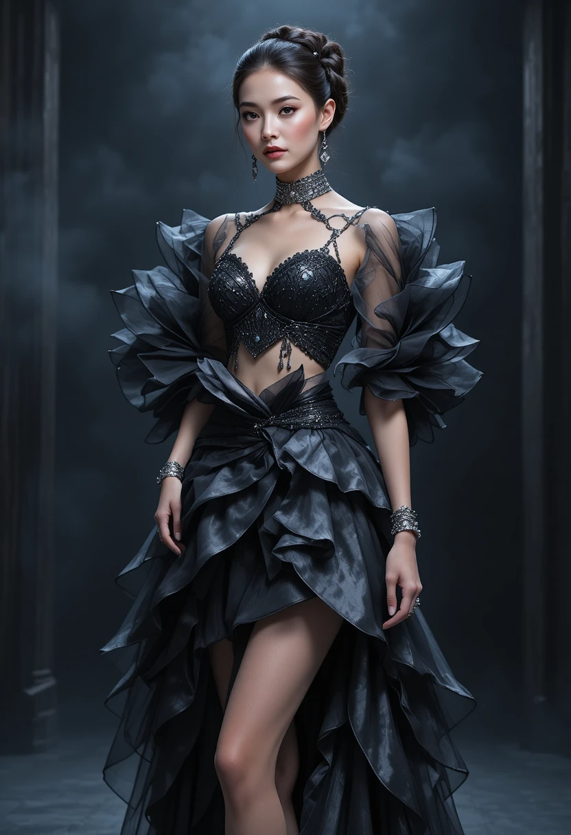 Mulher de alta costura em vestido preto escultural