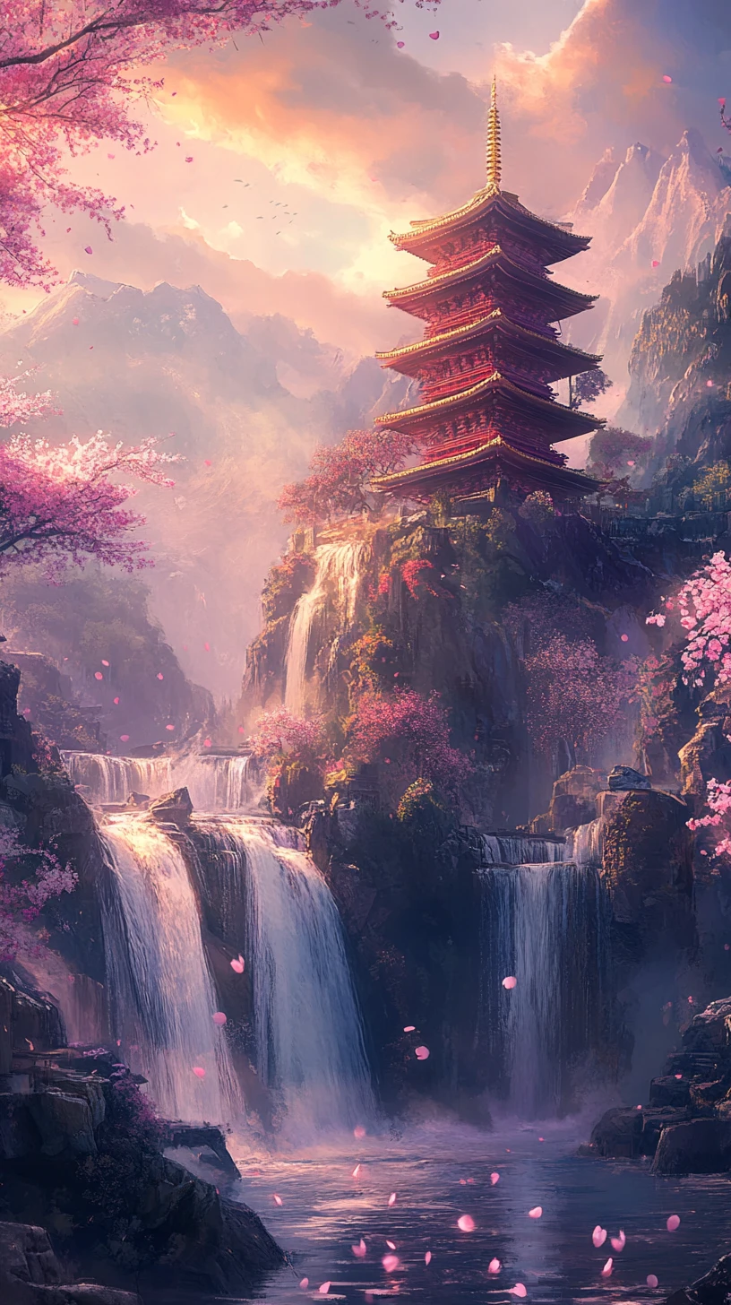 Pergaminho japonês com cachoeiras, pagode e flores de cerejeira