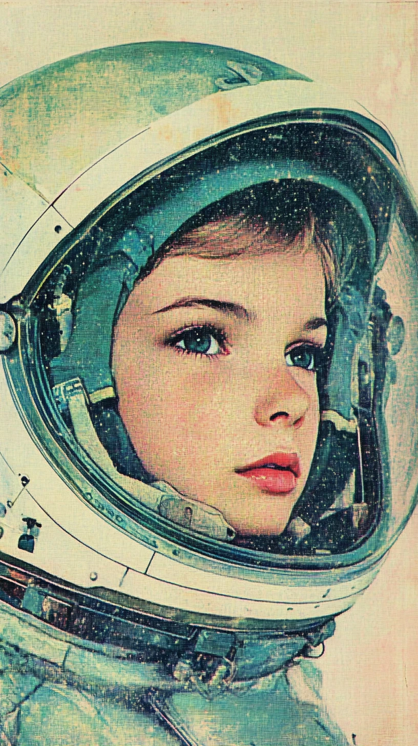 Pointillist astronaut helmet with a small girl inside visor