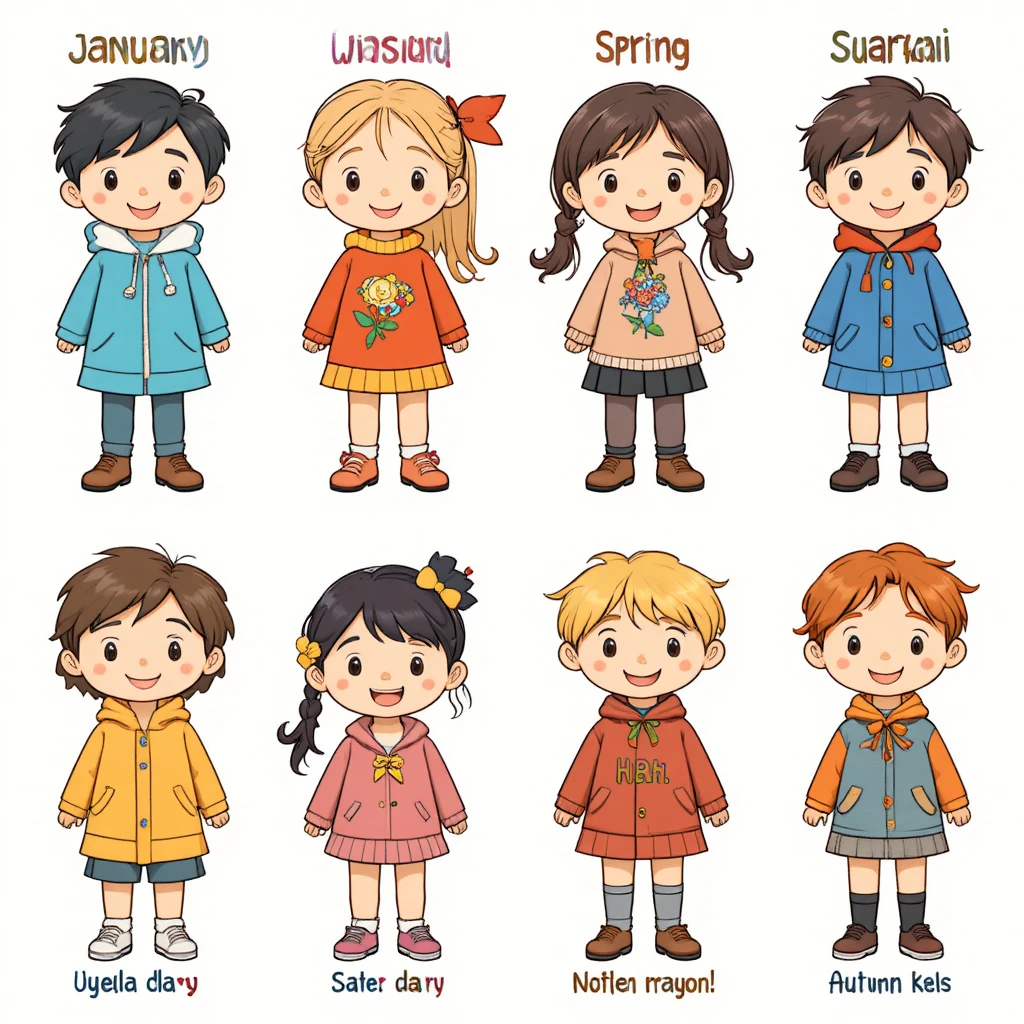 一年の四季を紹介するカラフルな子どものイラスト