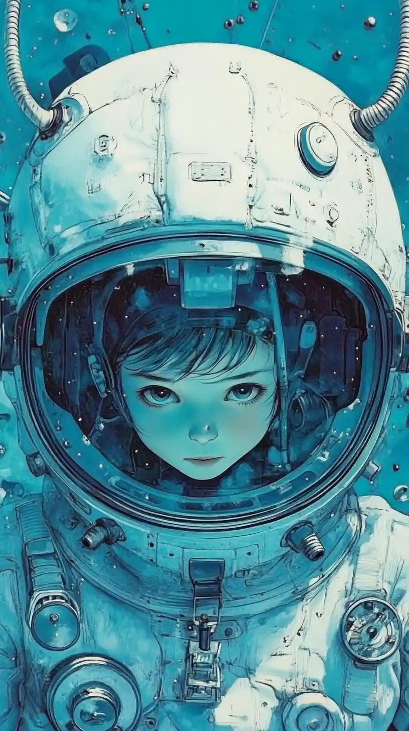 Casque d’astronaute avec fille soviétique dans une illustration surréaliste pointilliste