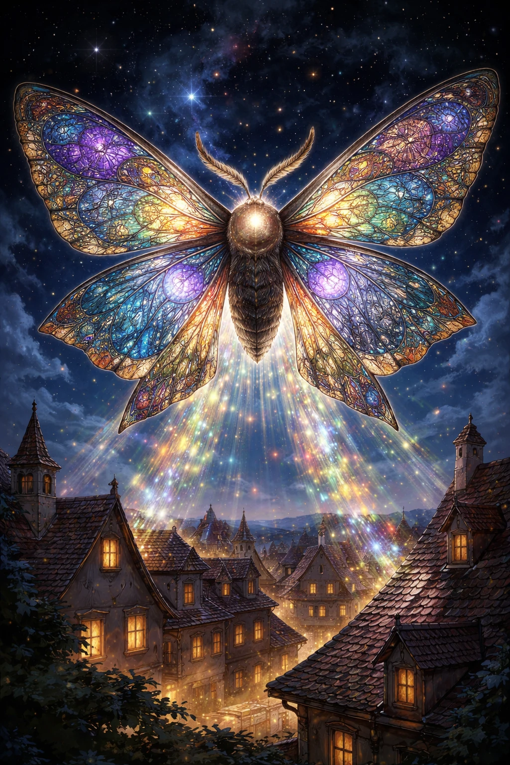 Enorme mariposa celestial projetando luz estampada sobre telhados