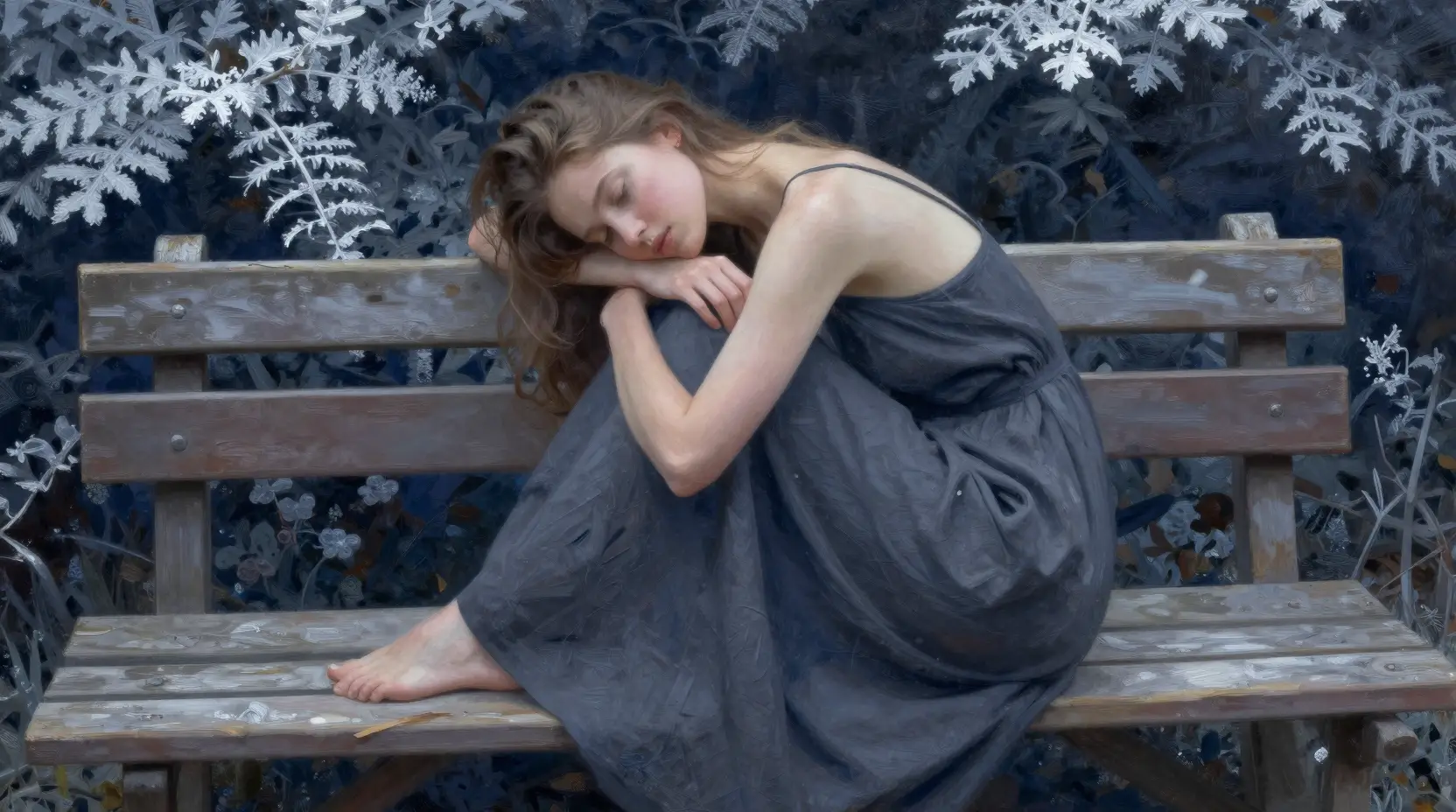 Young woman in profile resting on an old wooden bench