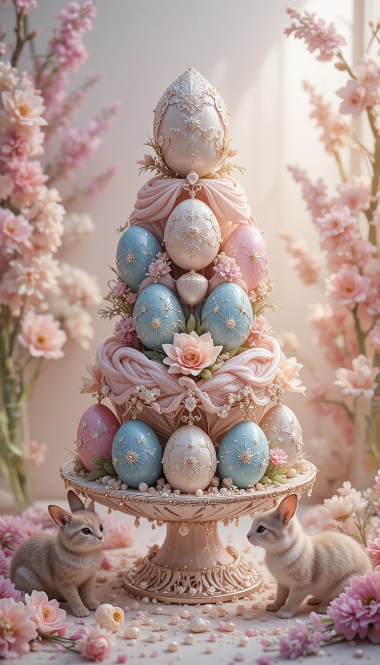 Nature morte féerique avec œufs de Pâques ornés de perles et animaux de compagnie