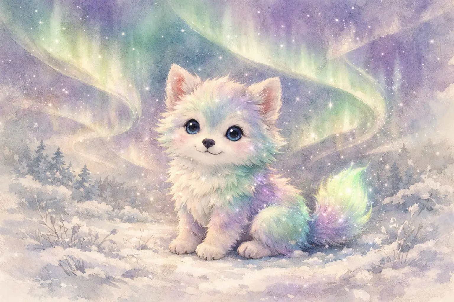 極光色夢幻小狗在雪地草原上的插畫