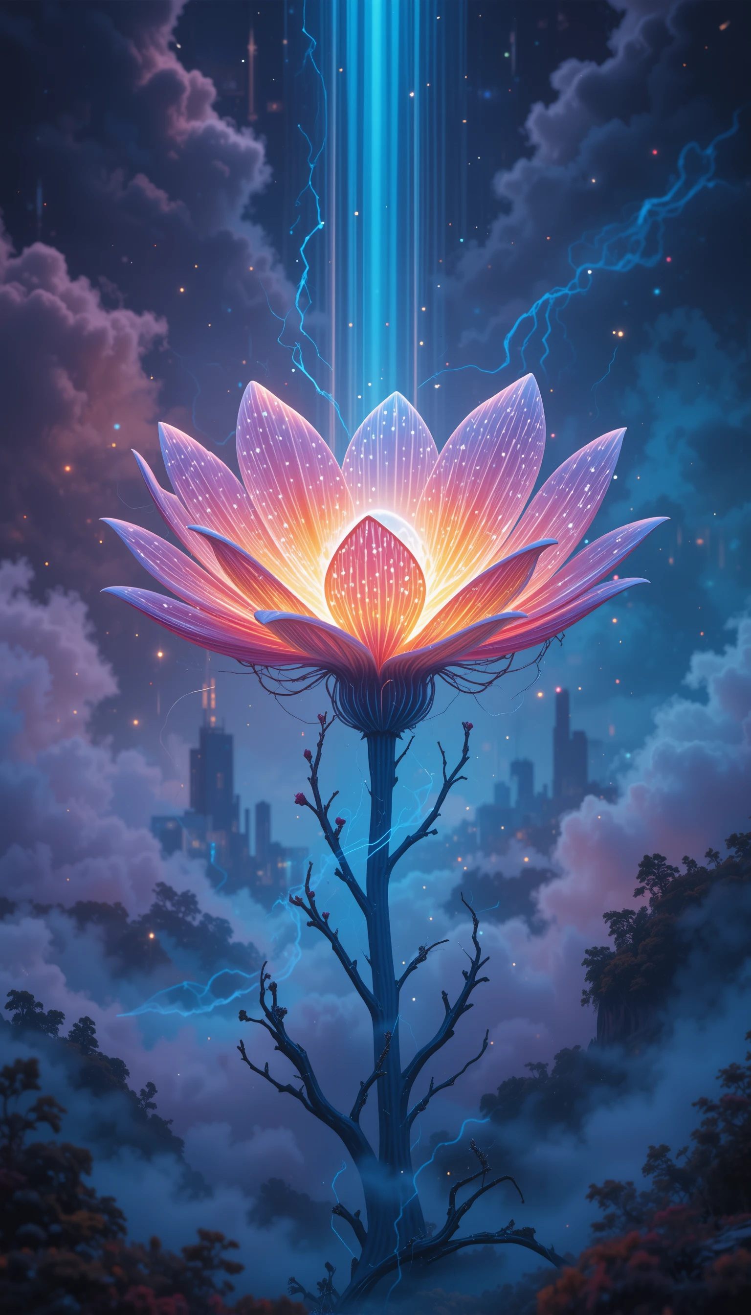 Bioluminescent Flower Glowing Over Futuristic Earthscapes